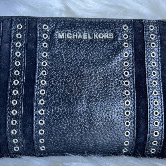 MICHAEL KORS Mini Black Leather Suede Studded Clutch Grommets Wristlet Rock Punk - Picture 2 of 15